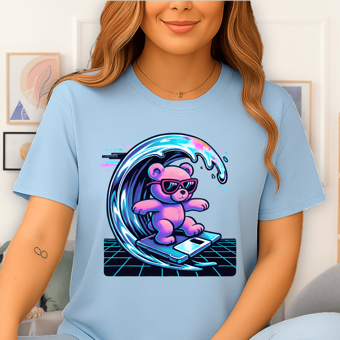 Cool Teds Teddy-Bear Floppy Disk Surfer T-Shirt Light Blue / S