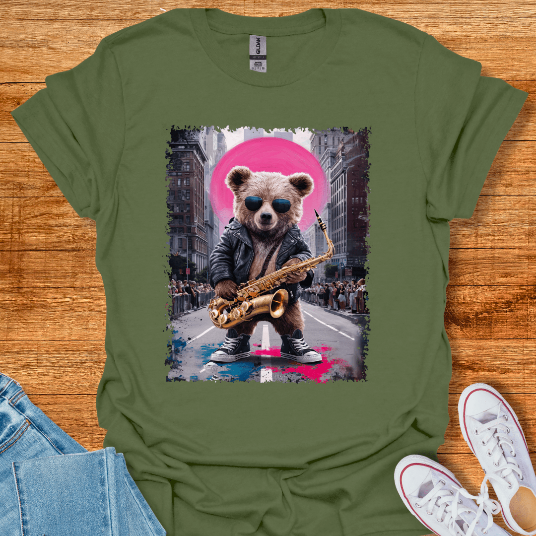 Cool Teds Teddy-Bear Sax Avenue T-Shirt Military Green / S