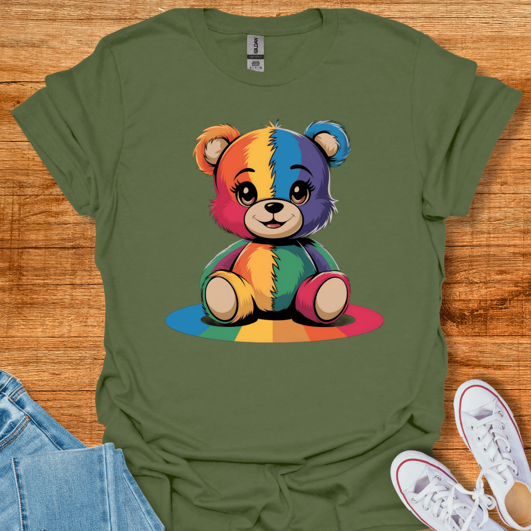 Happy Rainbow Bear T-Shirt Military Green