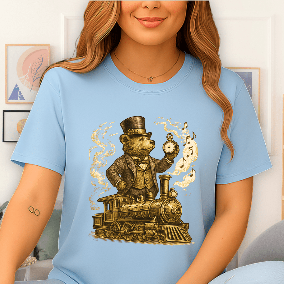 Cool Teds Teddy-Bear Steampunk Steam Train T-Shirt Light Blue / S