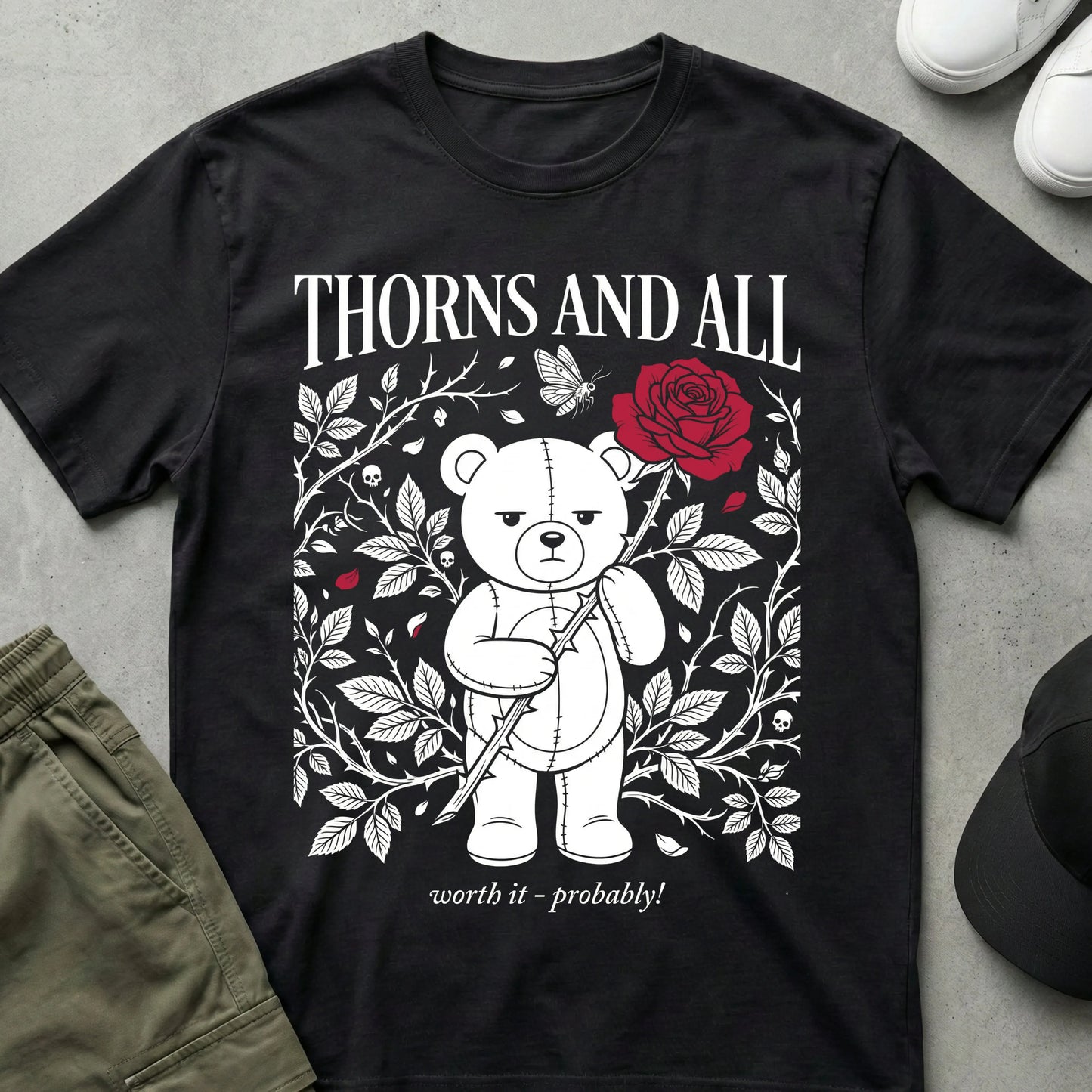 Cool Teds Teddy-Bear Thorns & Roses T-Shirt Black / S