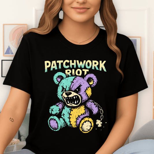 Cool Teds Teddy-Bear Patchwork Riot T-Shirt Black / S
