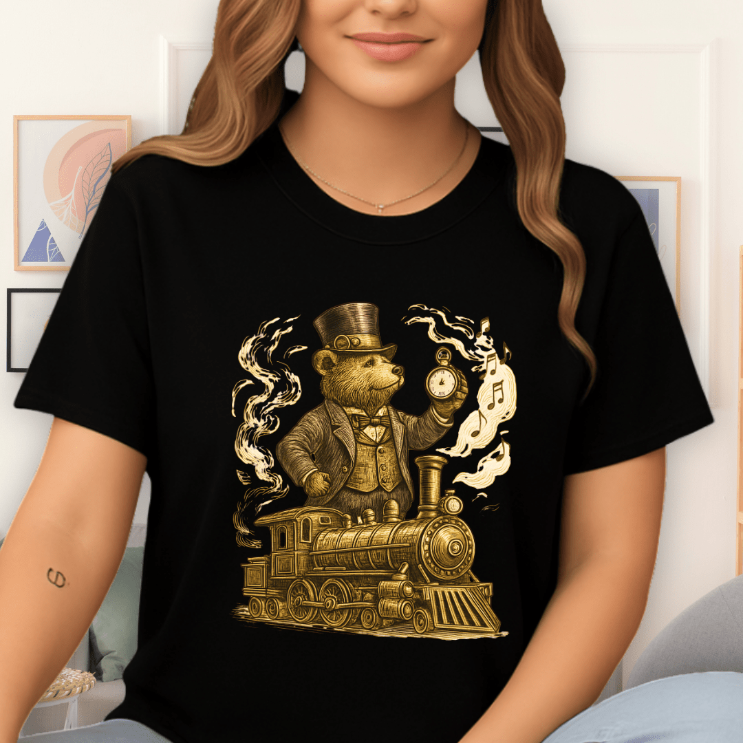 Cool Teds Teddy-Bear Steampunk Steam Train T-Shirt Black / S