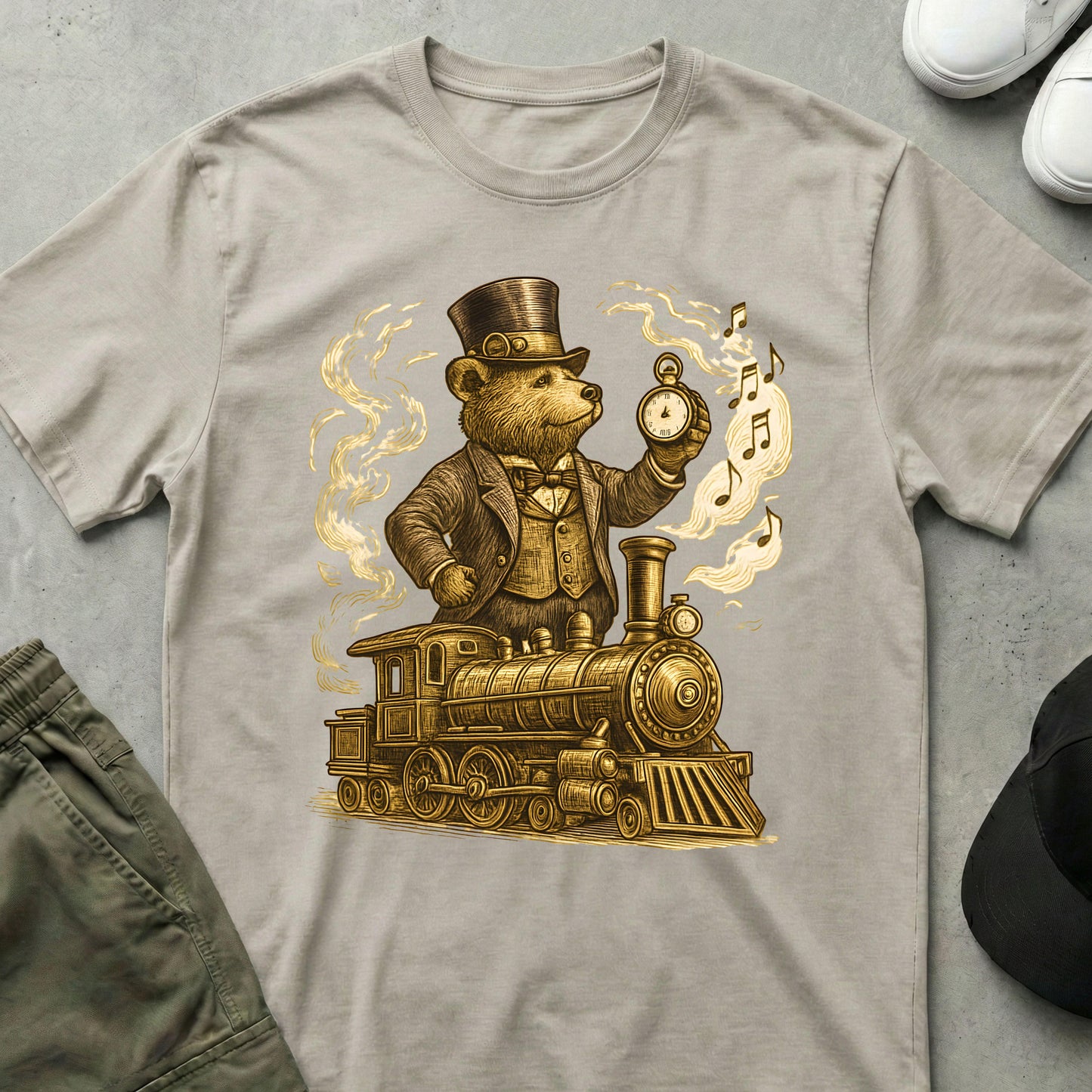 Steampunk Steam Train T-Shirt Ice Grey