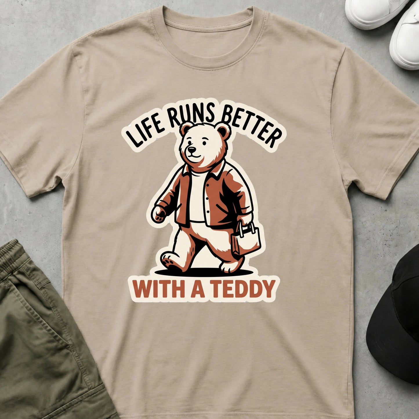 Printify Teddy-Bear Life Runs Better T-Shirt Sand / S