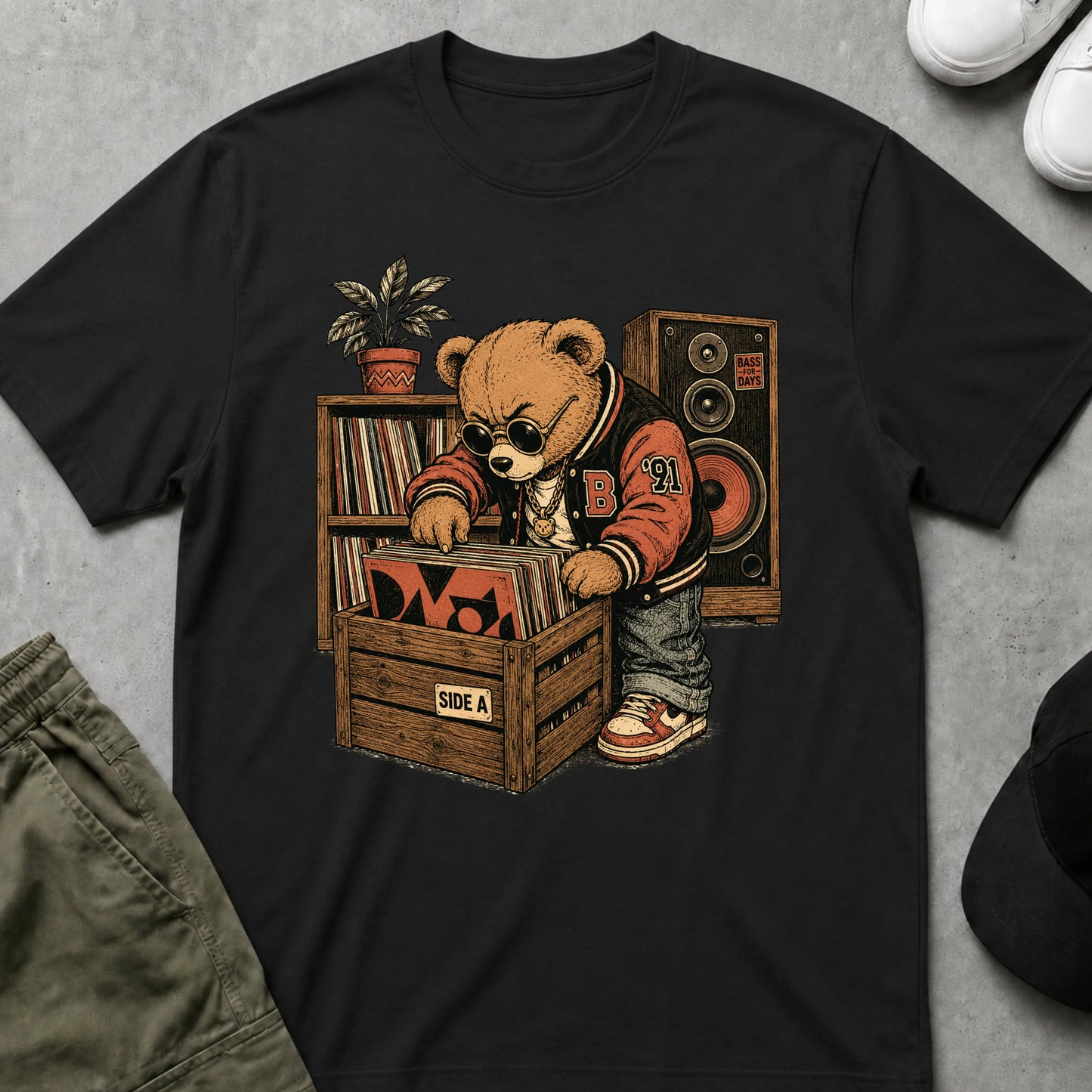 Cool Teds Teddy-Bear The Vinyl Hunter T-Shirt Black / S