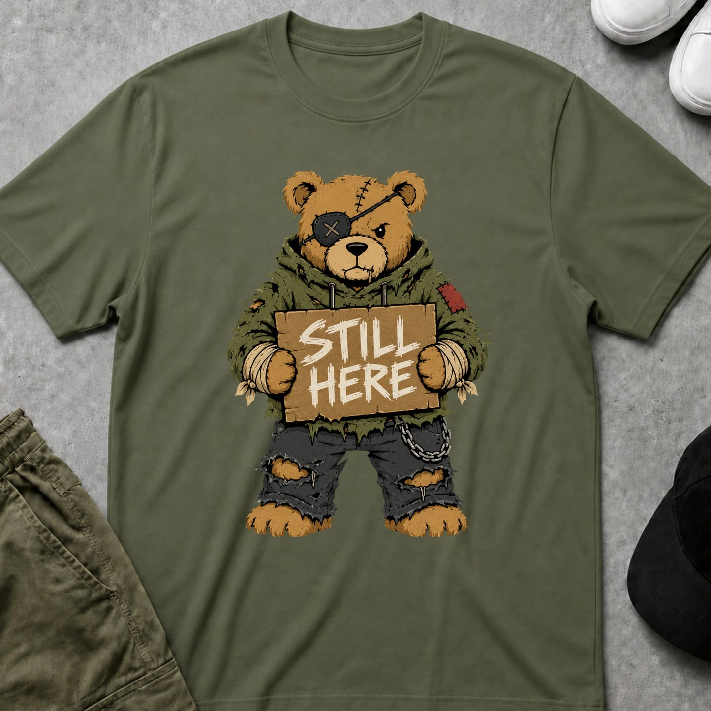 Cool Teds Teddy-Bear Going Nowhere T-Shirt Military Green / S