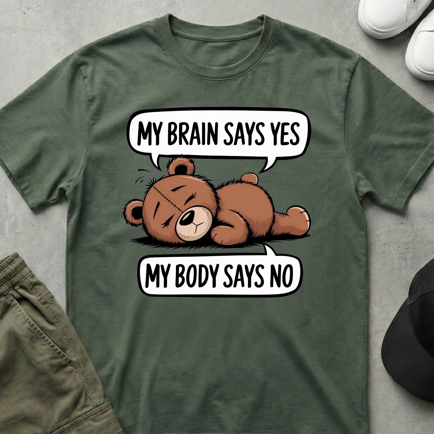Cool Teds Teddy-Bear My Brain says Yes T-Shirt Military Green / S