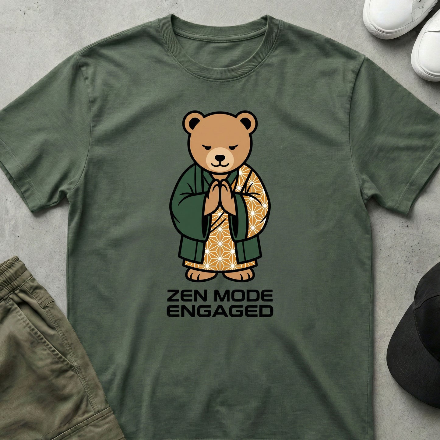 Cool Teds Teddy-Bear Zen Mode Engaged T-Shirt Military Green / S
