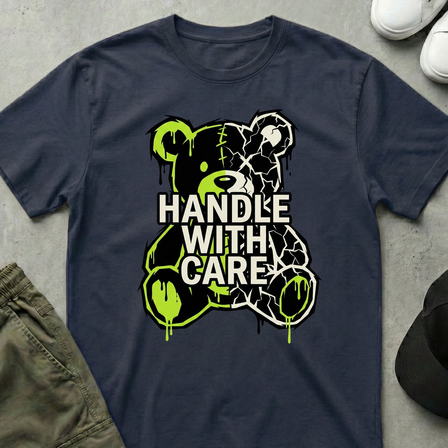 Cool Teds Teddy-Bear Handle With Care T-Shirt Navy / S
