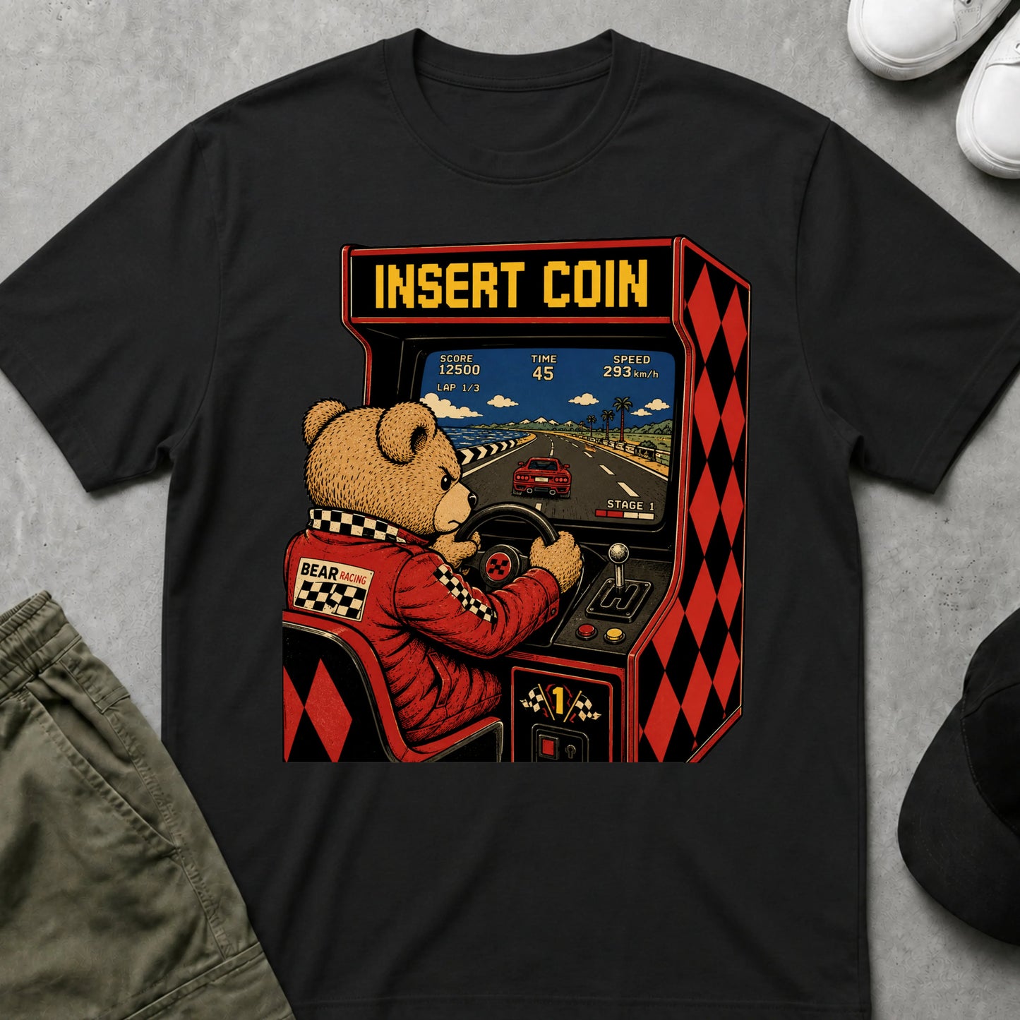 Cool Teds Teddy-Bear Arcade Racer T-Shirt Black / S