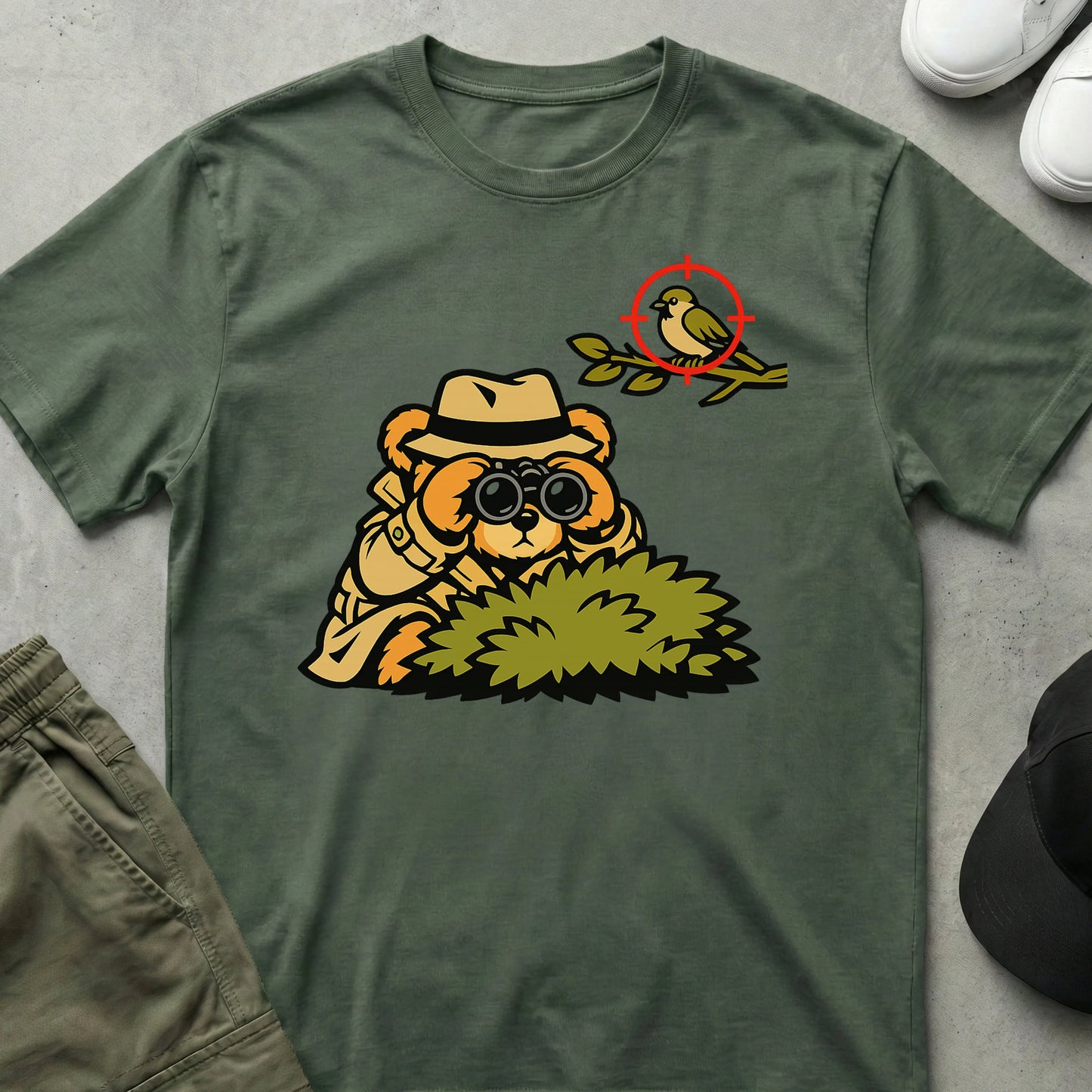 Birding Bear T-Shirt Military Green