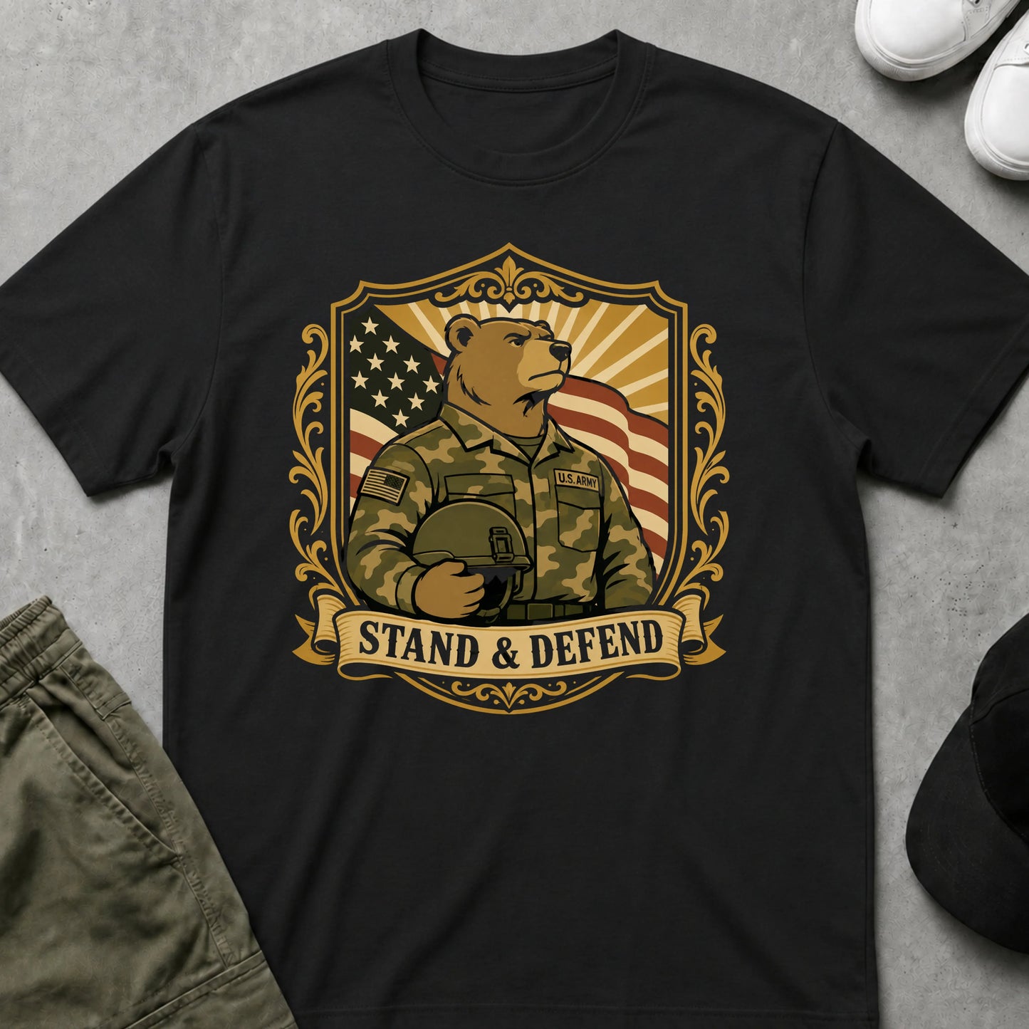 Cool Teds Teddy-Bear Defend the Flag T-Shirt Black / S