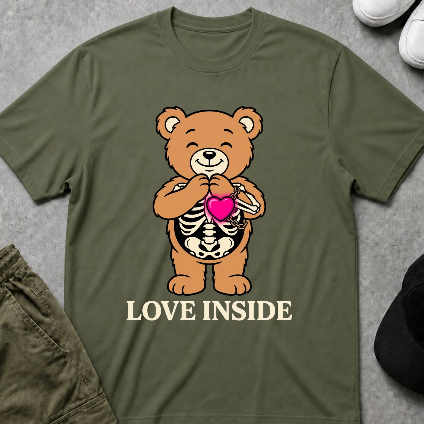 Cool Teds Teddy-Bear Love Inside T-Shirt Military Green / S