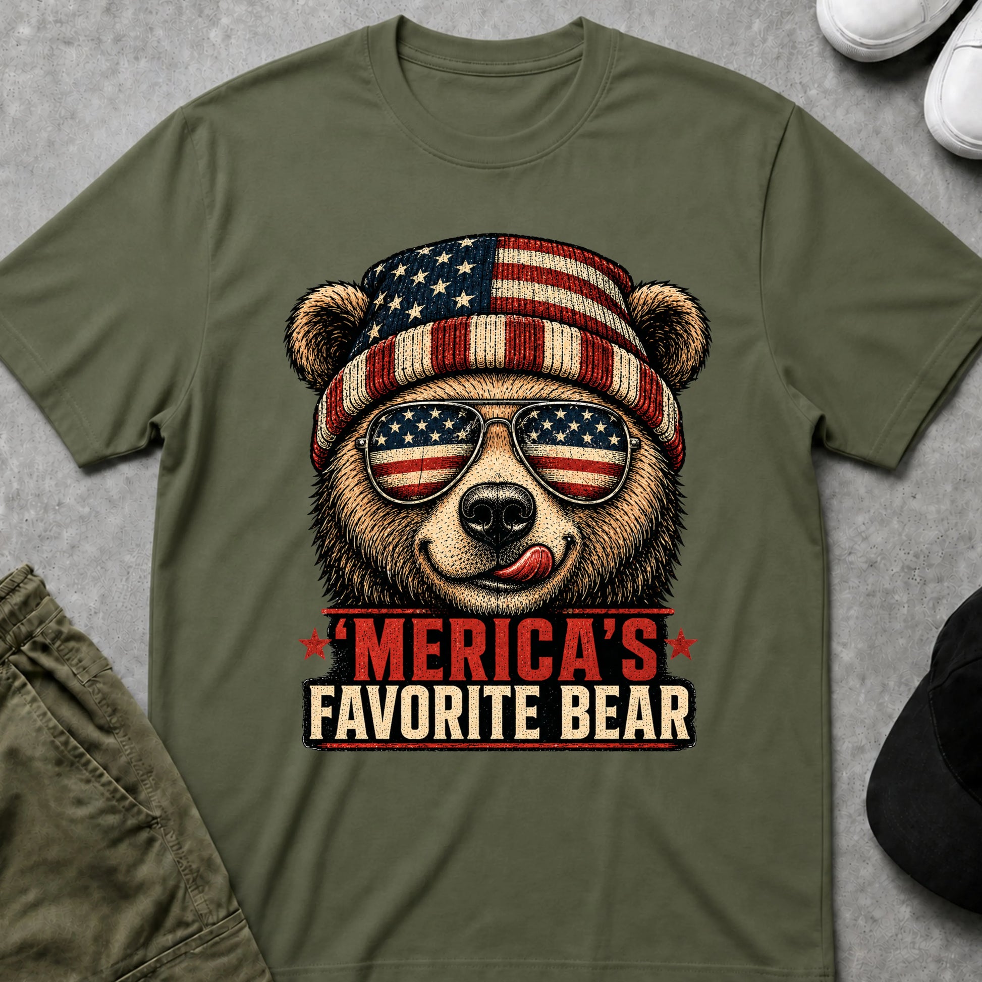 'Merica's Favourite Bear T-Shirt Military Green