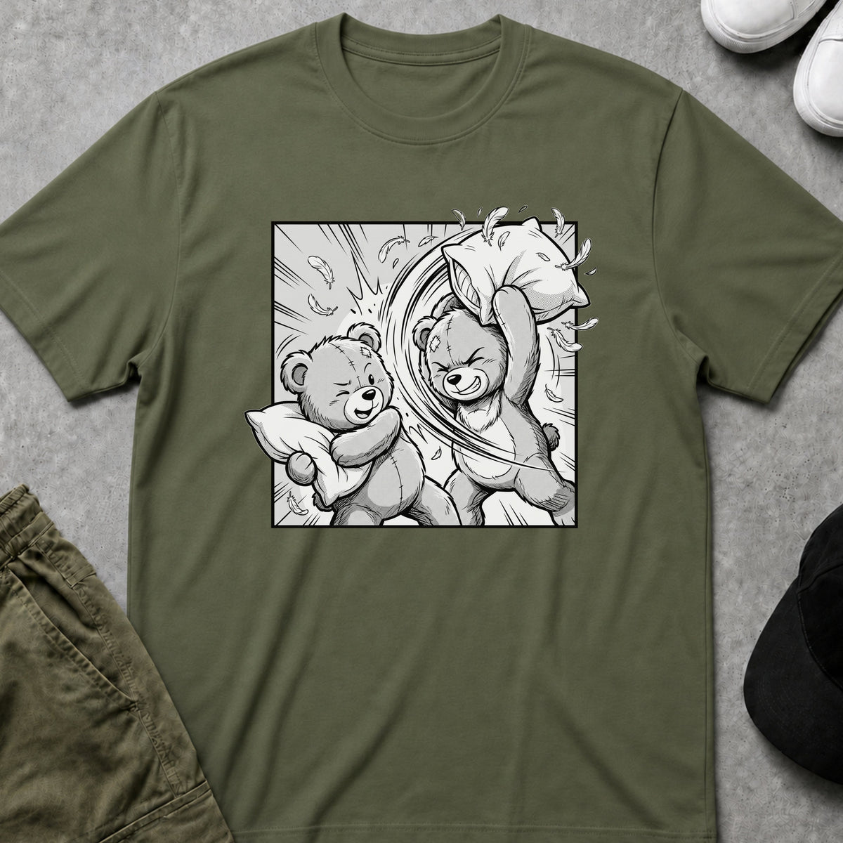 Printify Teddy-Bear Pillow Fight T-Shirt Military Green / S