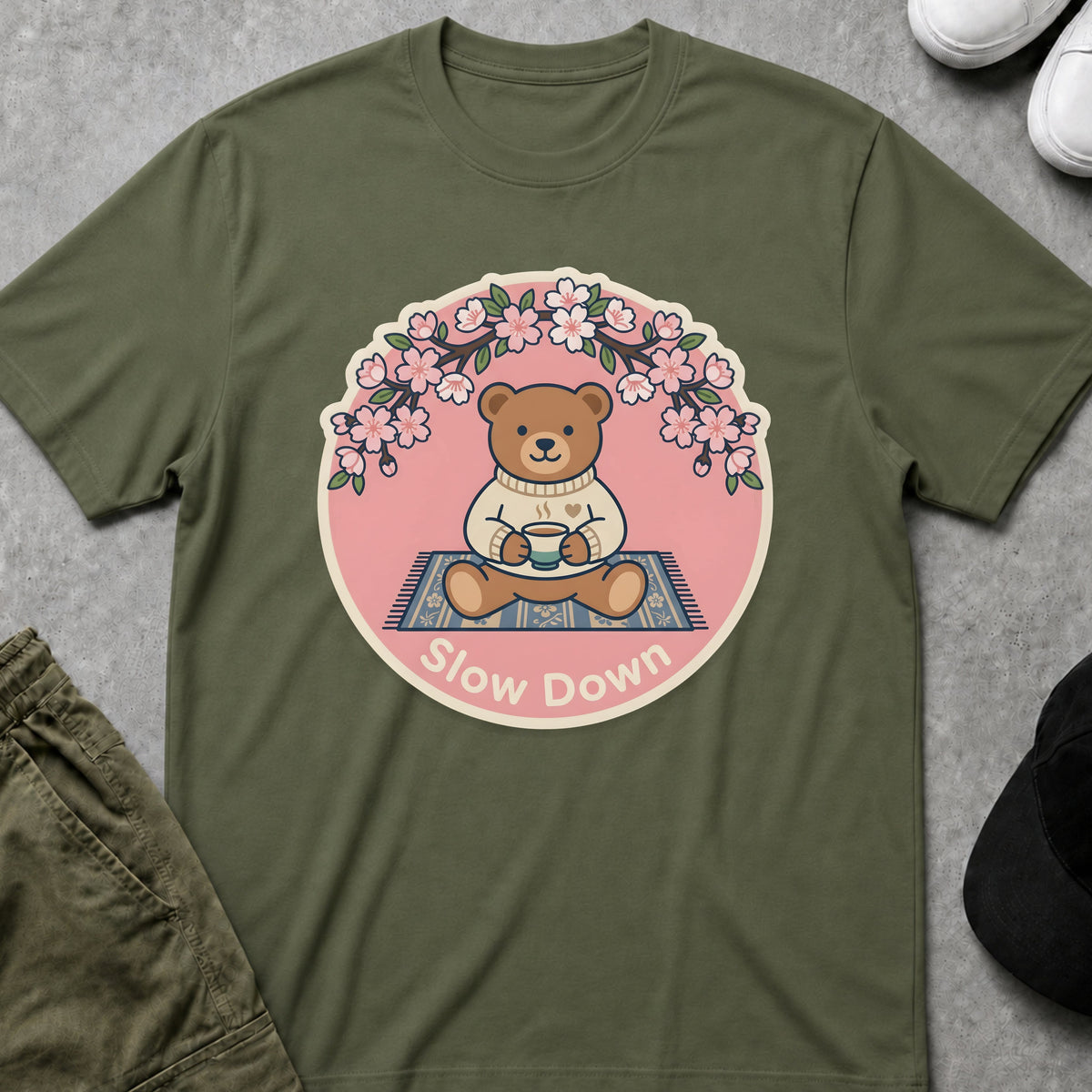 Printify Teddy-Bear Tea Time Bear T-Shirt Military Green / S
