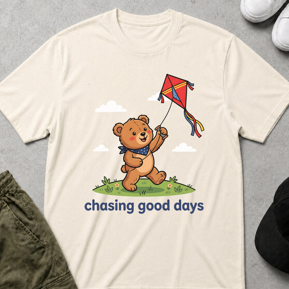 Printify Teddy-Bear Chasing Good Days T-Shirt Natural / S