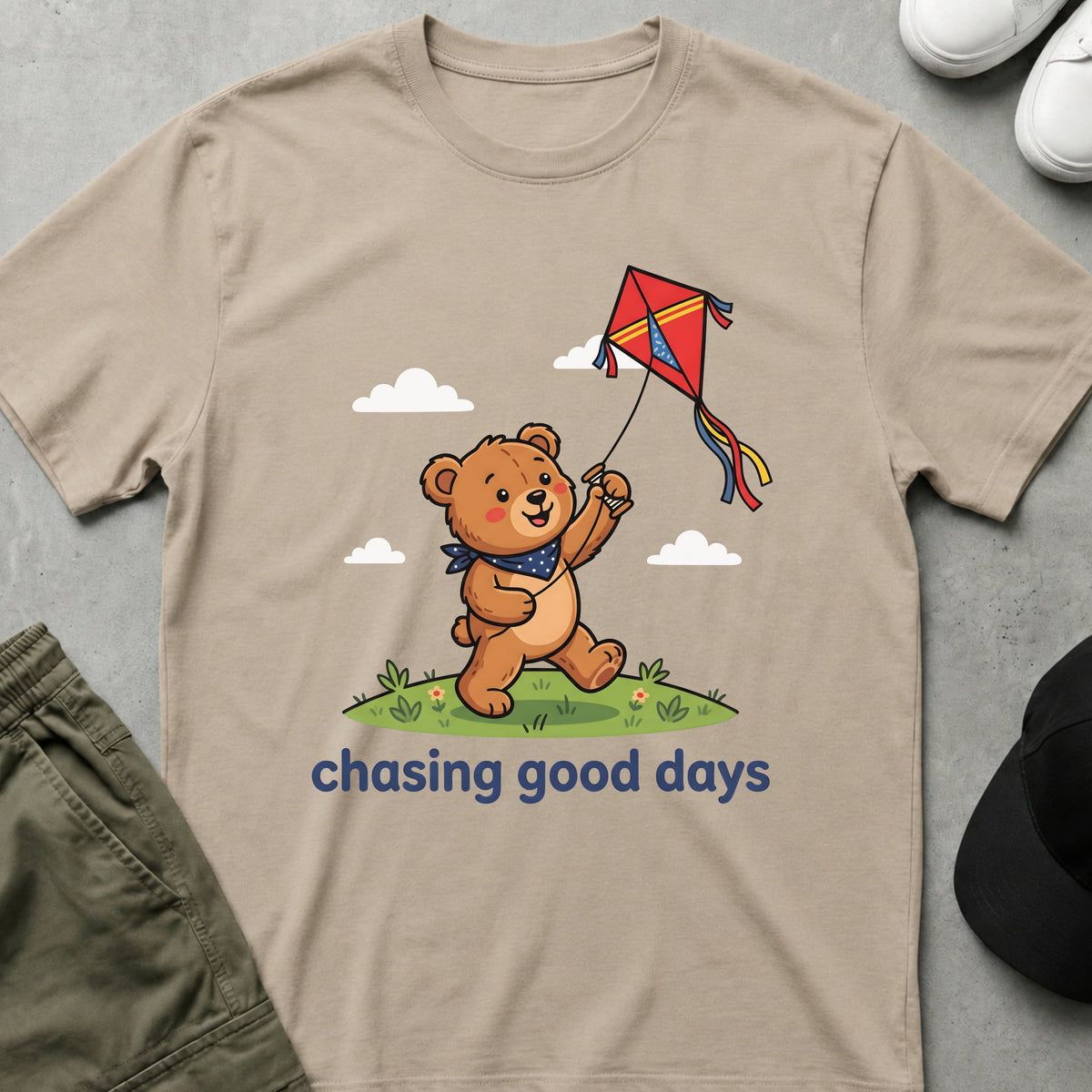Printify Teddy-Bear Chasing Good Days T-Shirt Sand / S