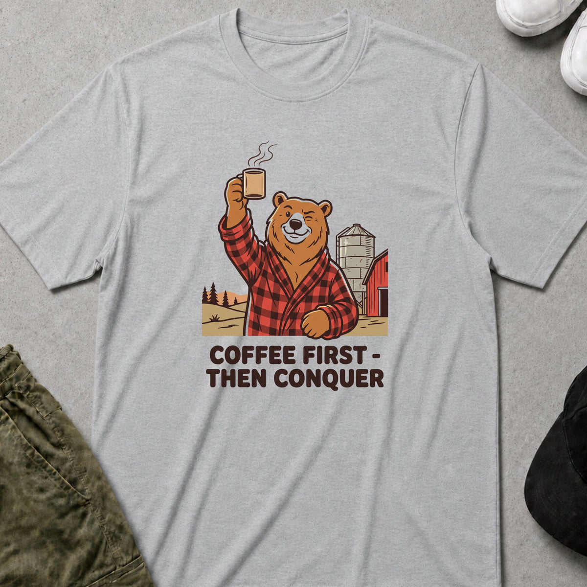 Cool Teds Teddy-Bear Coffee First Conquer T-Shirt Sport Grey / S