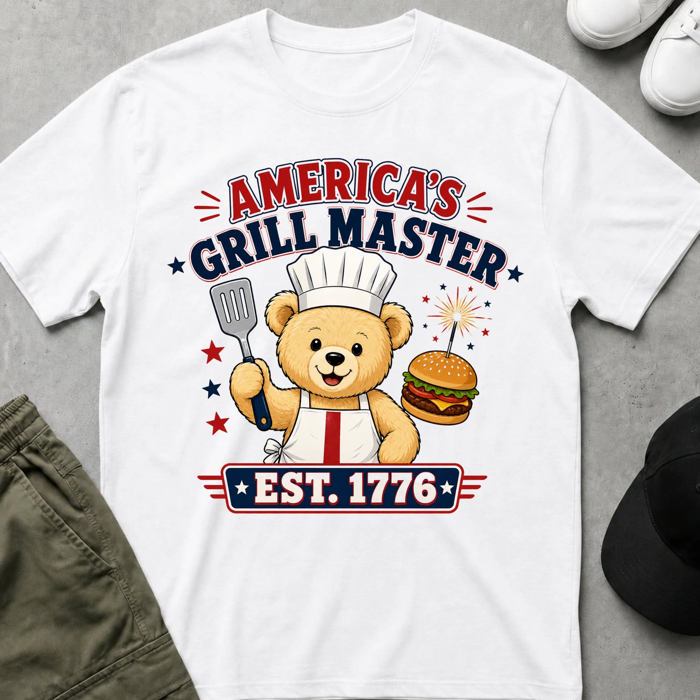 Cool Teds Teddy-Bear 1776 Grill Master T-Shirt White / S