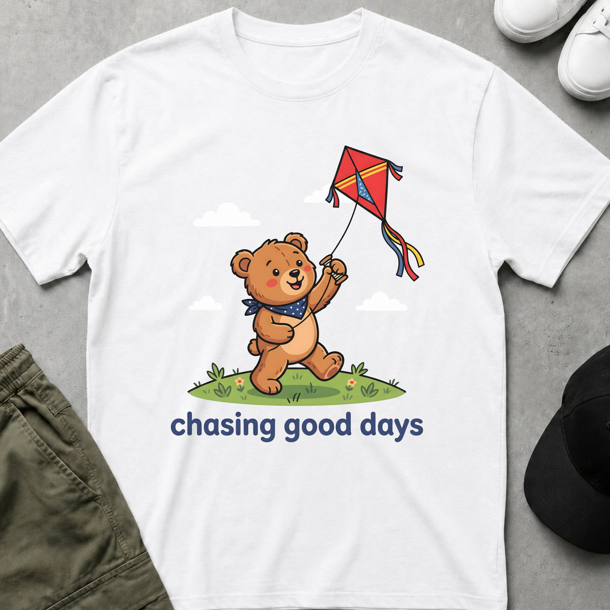 Printify Teddy-Bear Chasing Good Days T-Shirt White / S